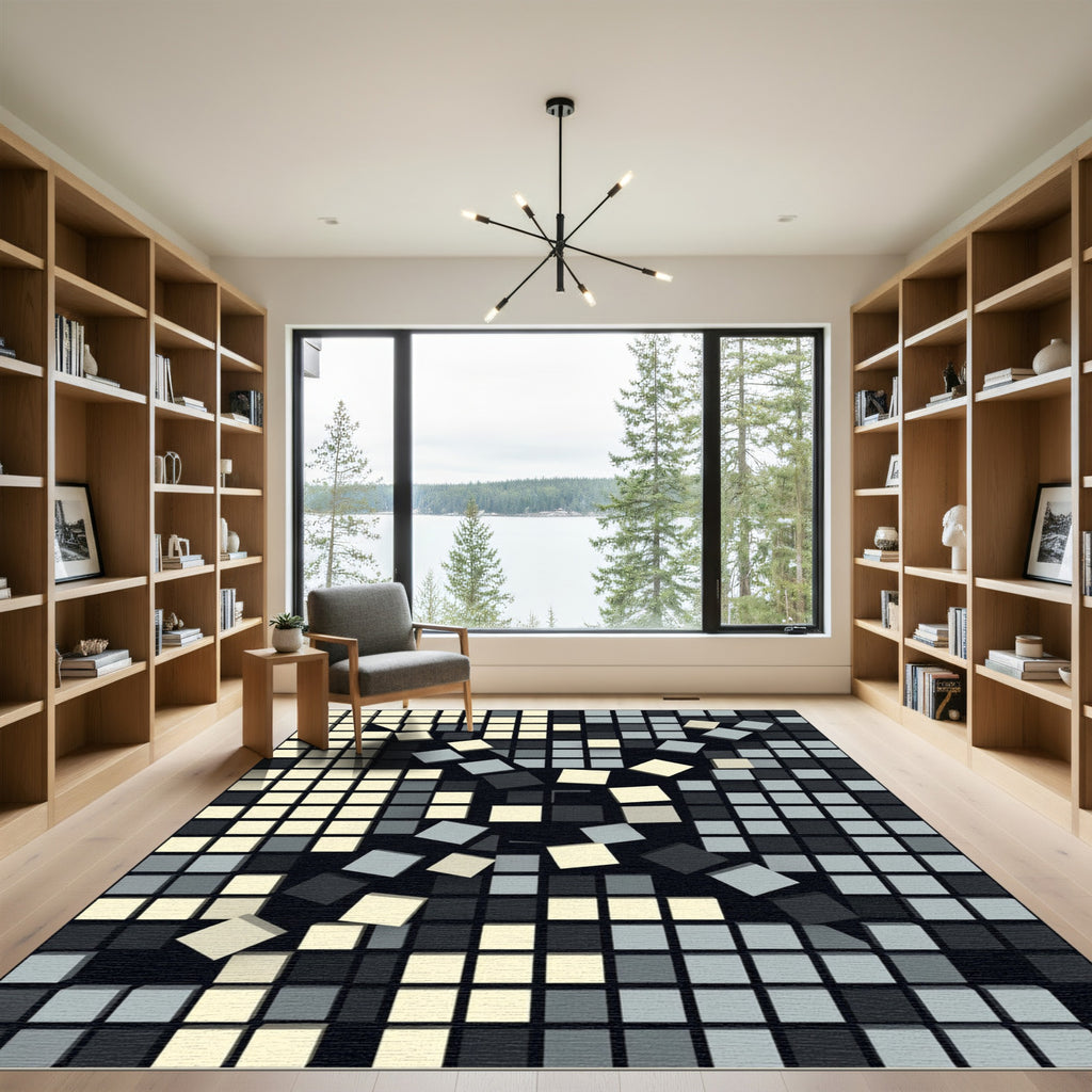 Monochrome Cubist Shattered Grid Abstract Rug