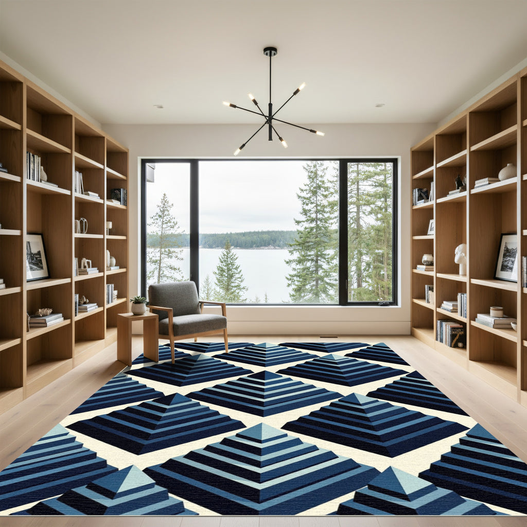 Geometric Blue Tiered Pyramid Rug