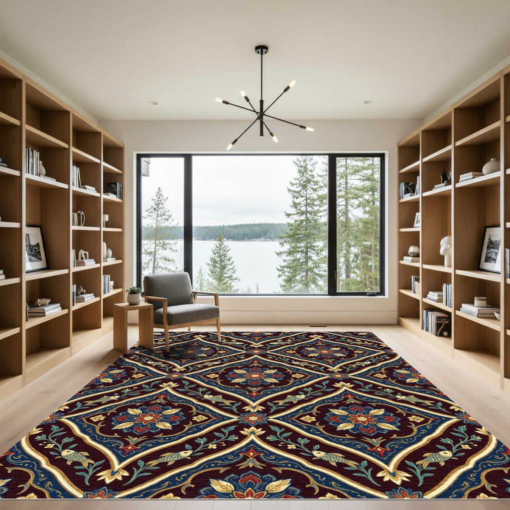 Ornate Deep Blue Floral Fish Medallion Rug