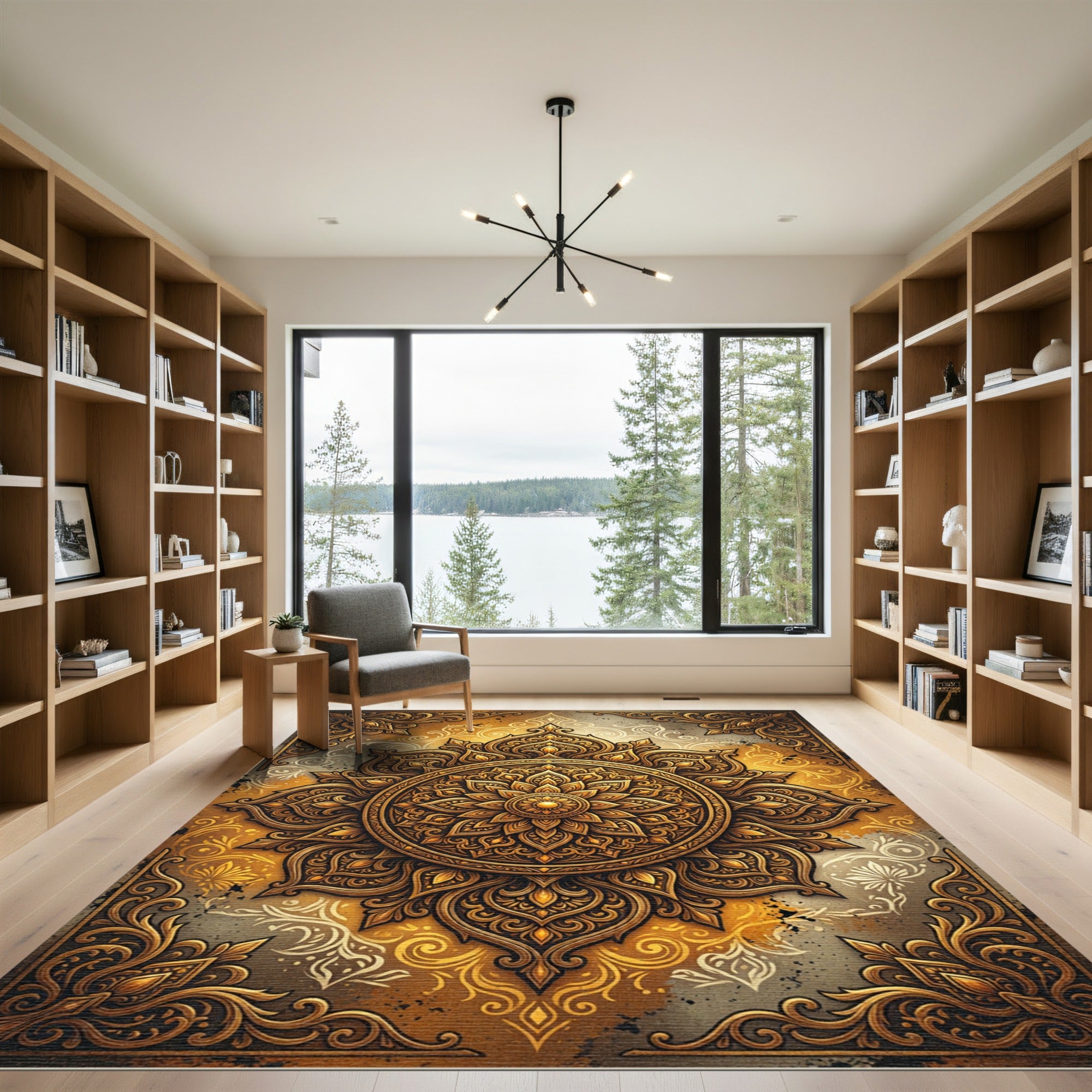 Ornate Golden Floral Mandala Art Rug