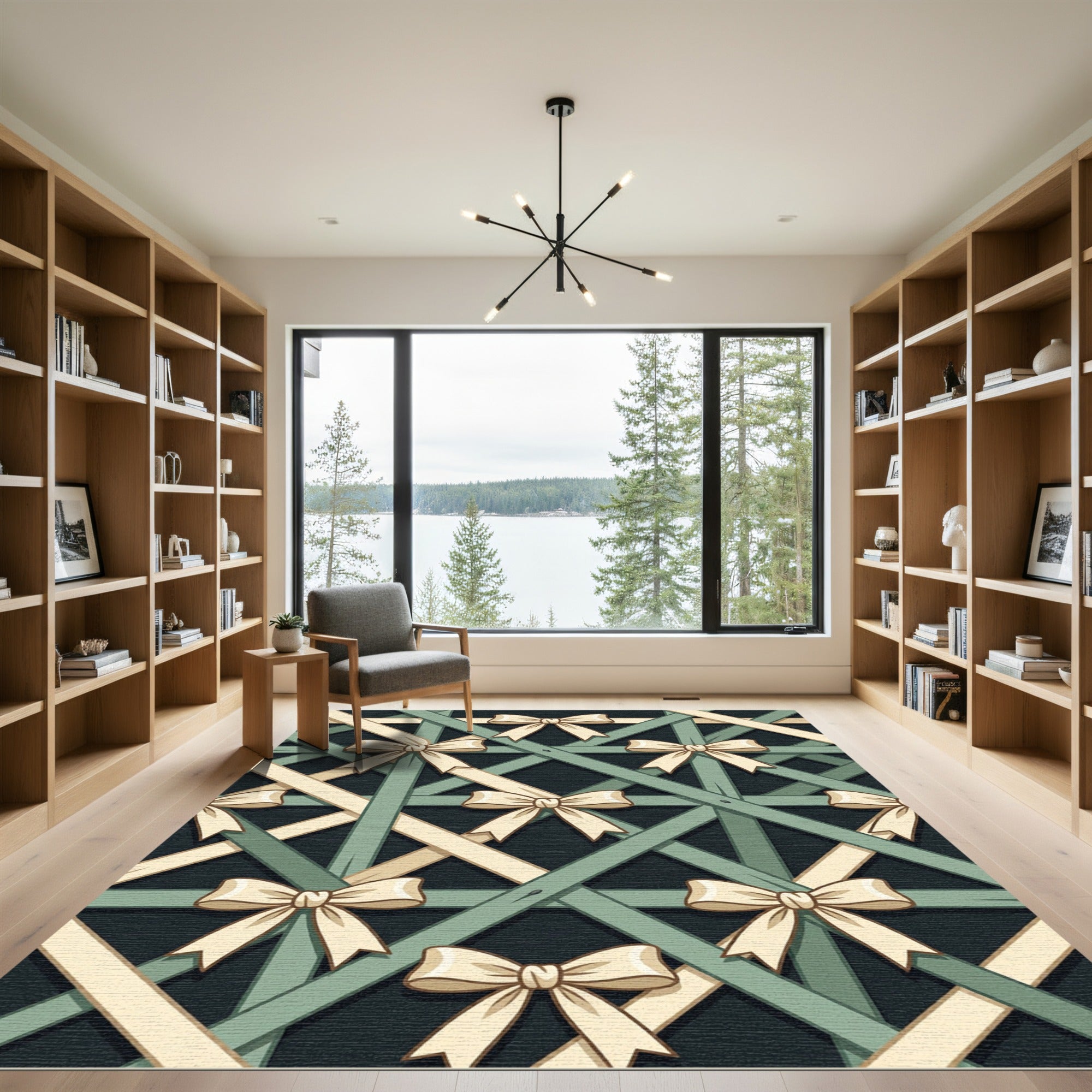 Cream Ribbon Bow Lattice Sage Trellis Rug