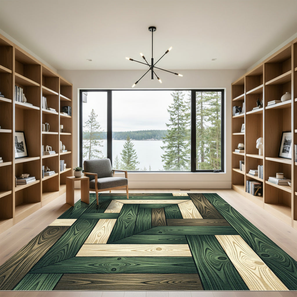 Geometric Forest Green Wood Plank Tile Rug