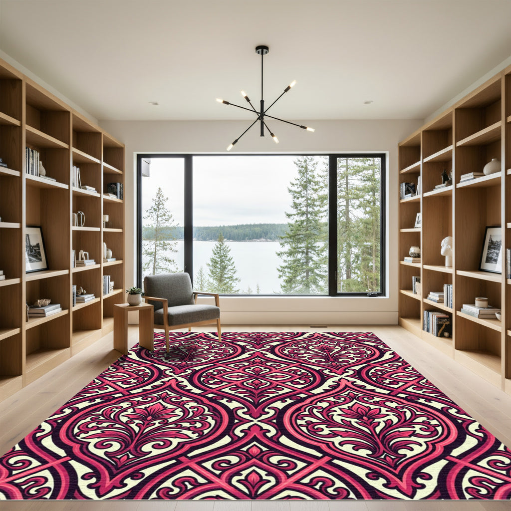 Crimson Red Damask Flourish Rug