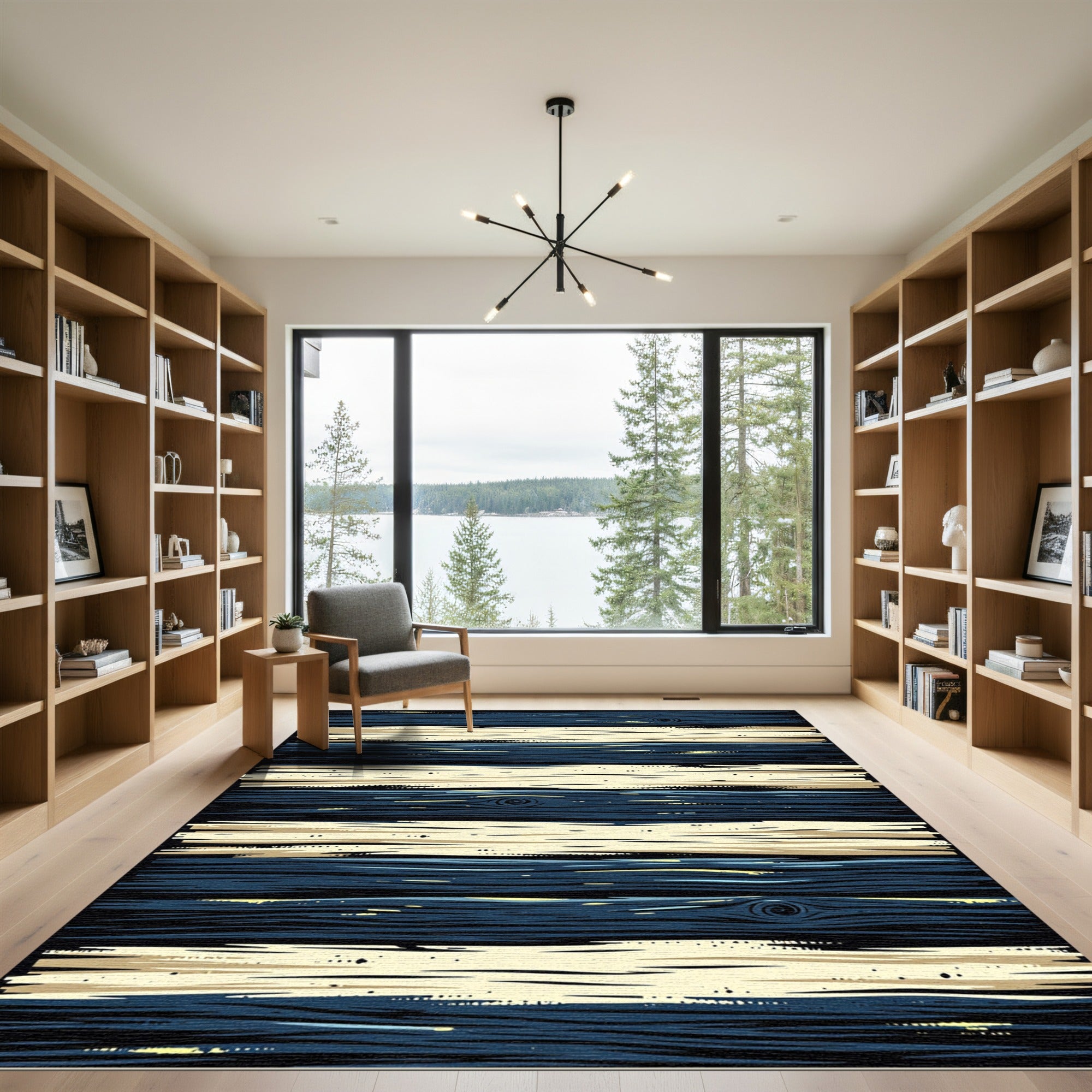 Navy and Cream Horizontal Wood Striped Rug
