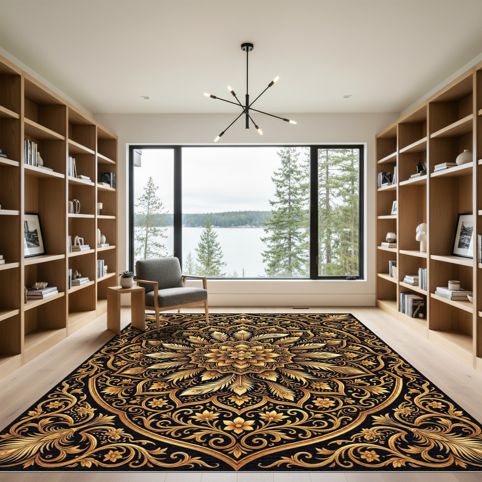 Opulent Gold Floral Feather Mandala Rug