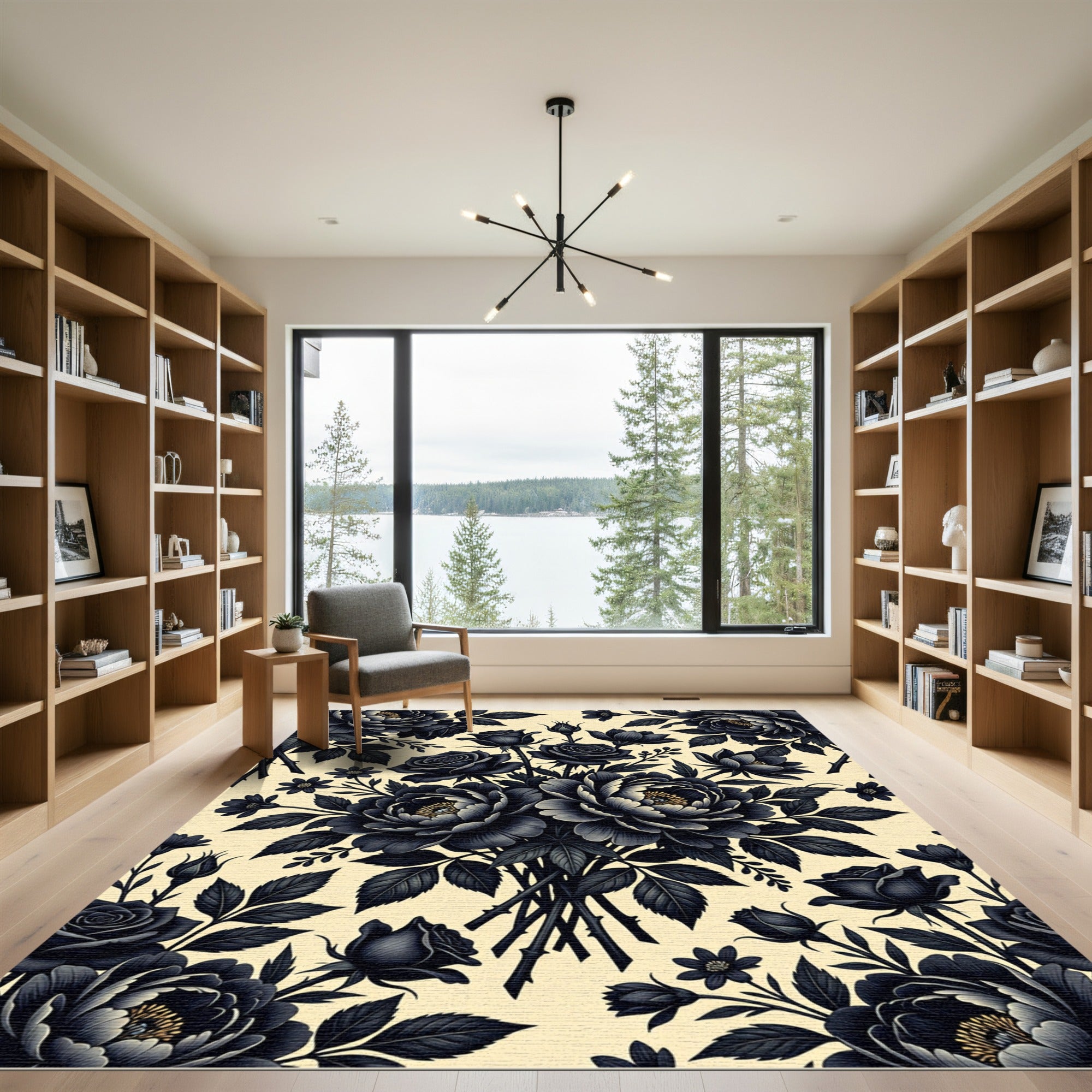 Elegant Black Floral Botanical Bouquet Rug