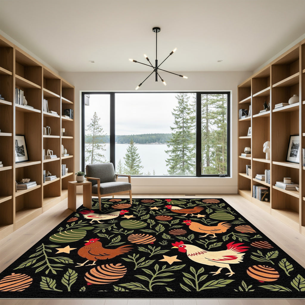 Whimsical Rooster Egg Garden Black Rug