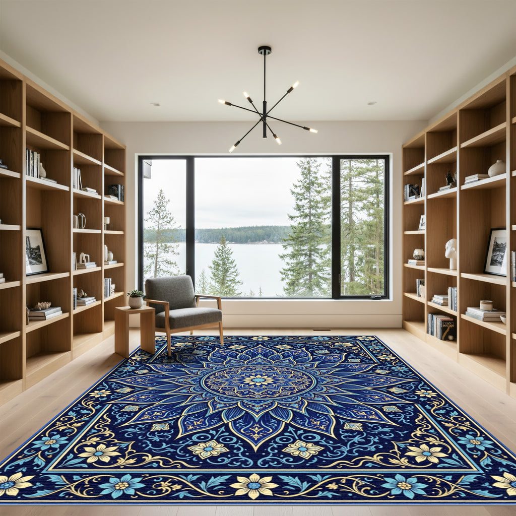Deep Blue Floral Medallion Mandalas Rug