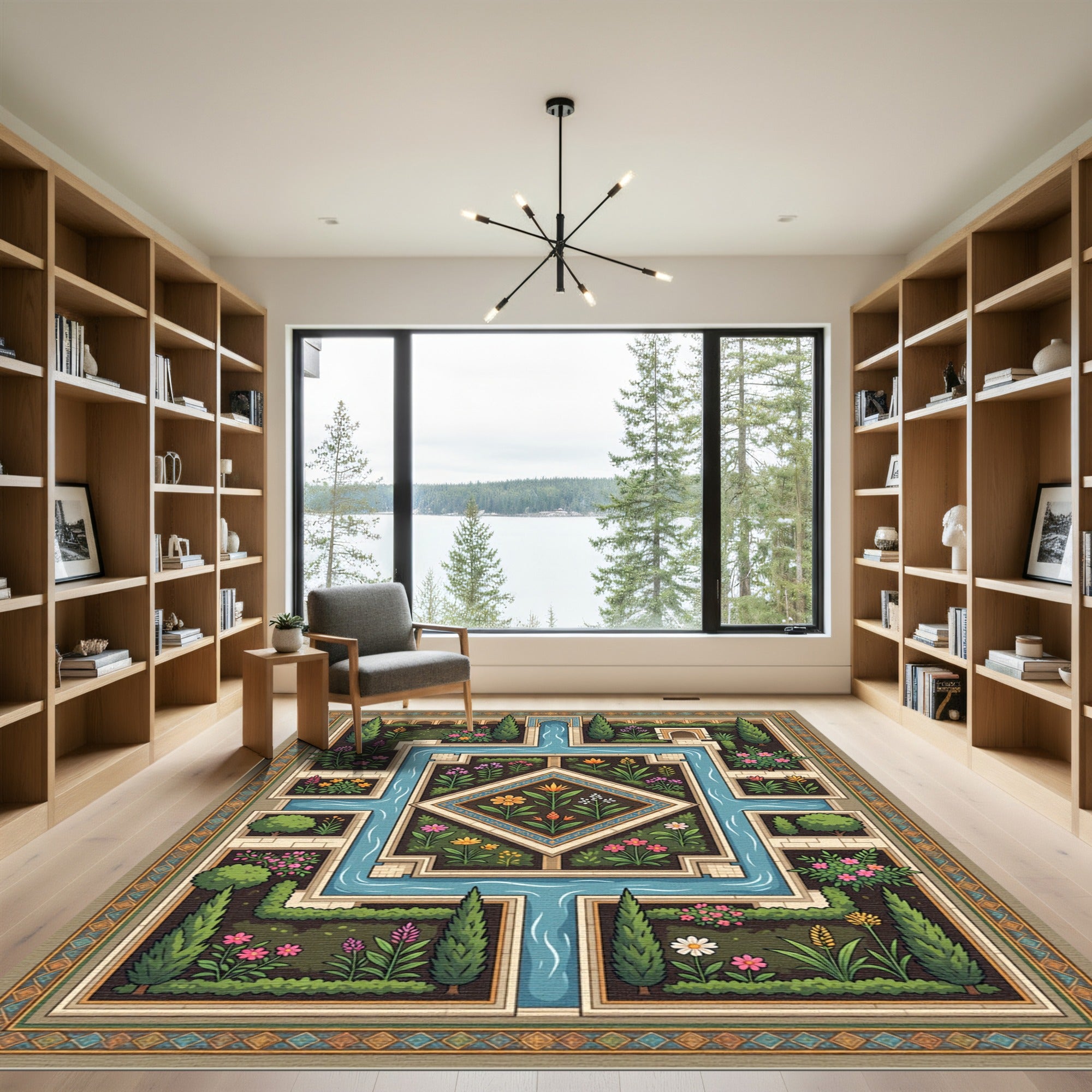 Symmetrical Floral Water Garden Tapestry Rug