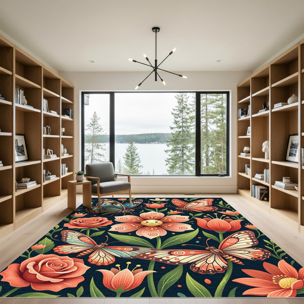 Whimsical Butterfly and Pastel Floral Garden Rug
