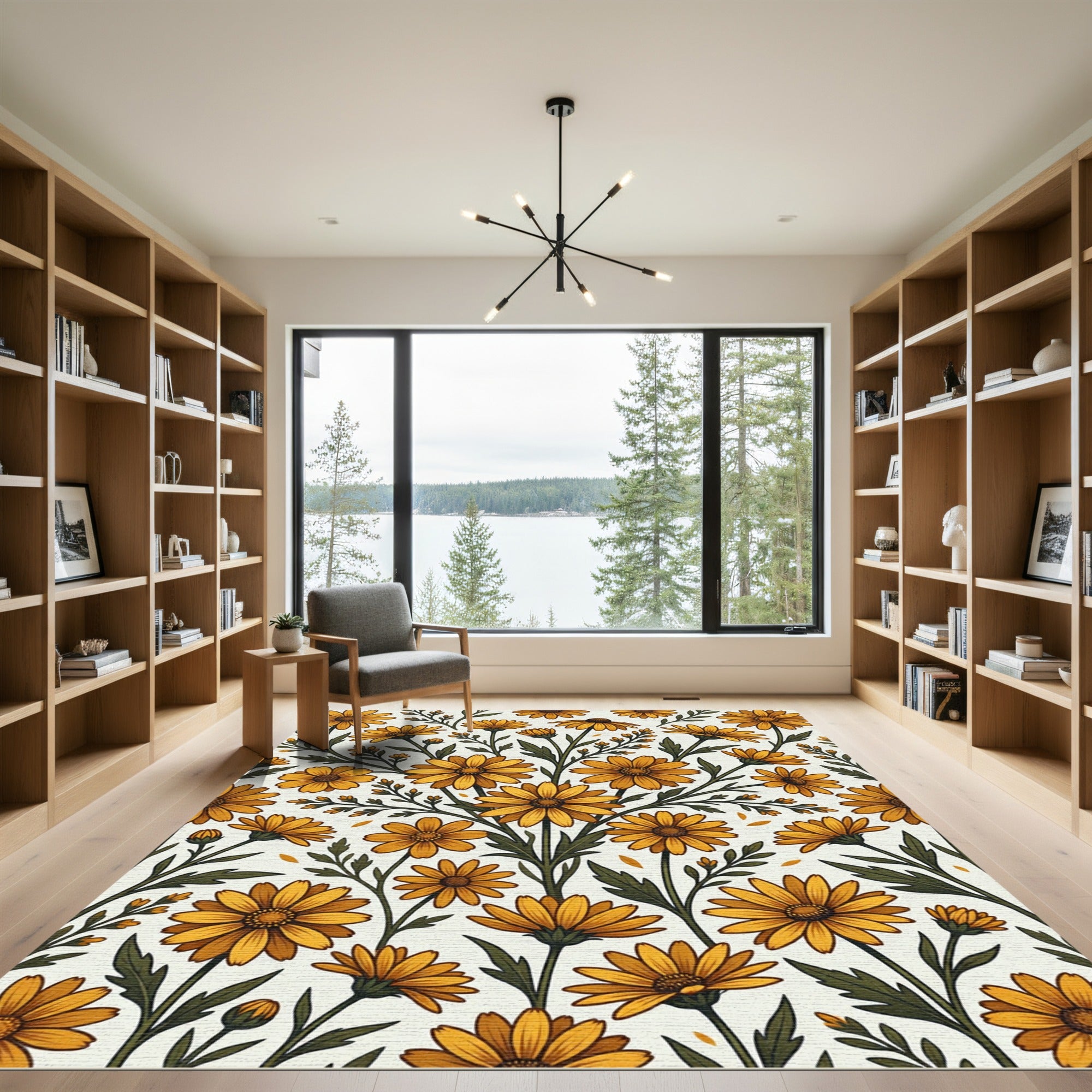 Golden Daisy Floral Botanical Arrangement Rug