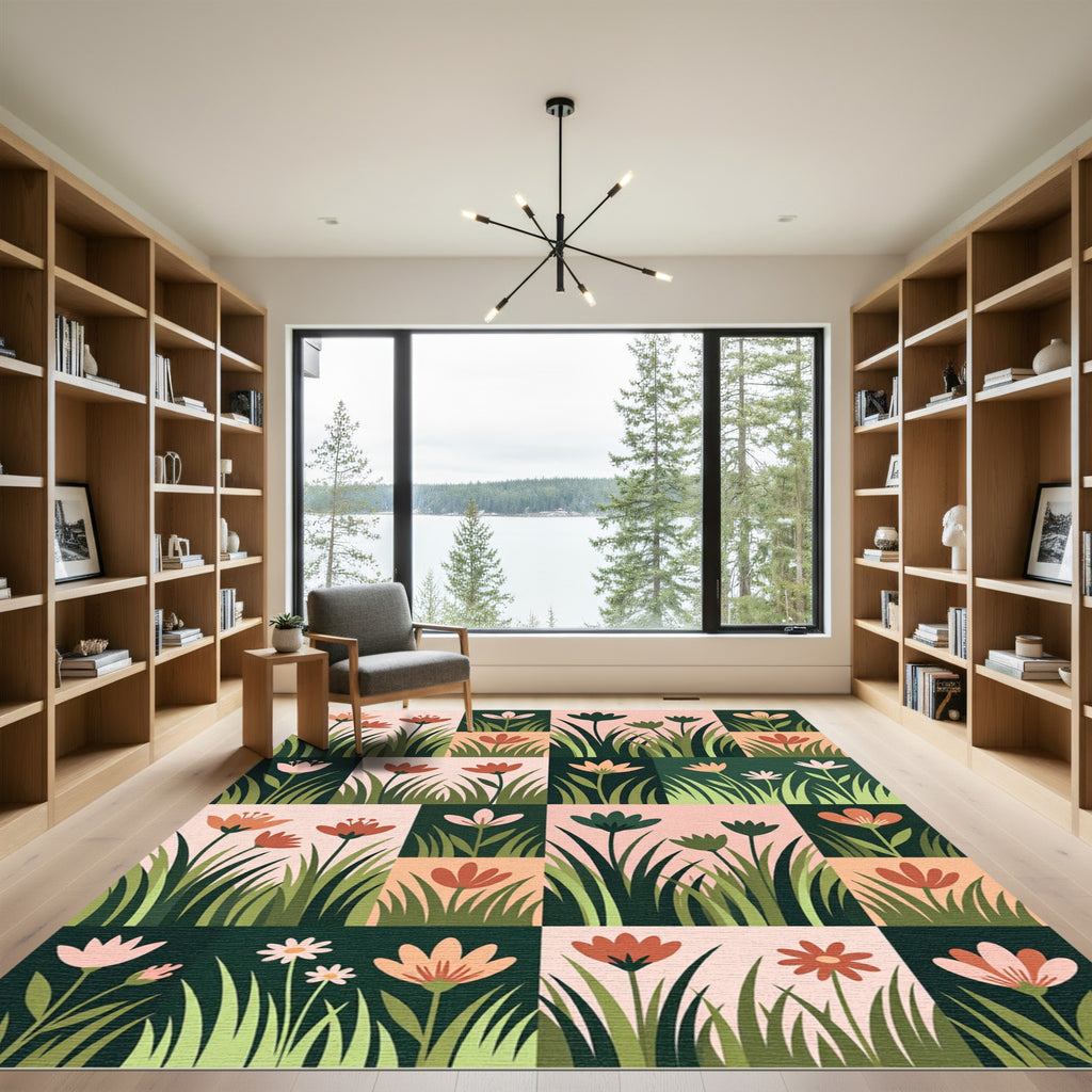 Modern Floral Grid in Soft Earth Tones Rug