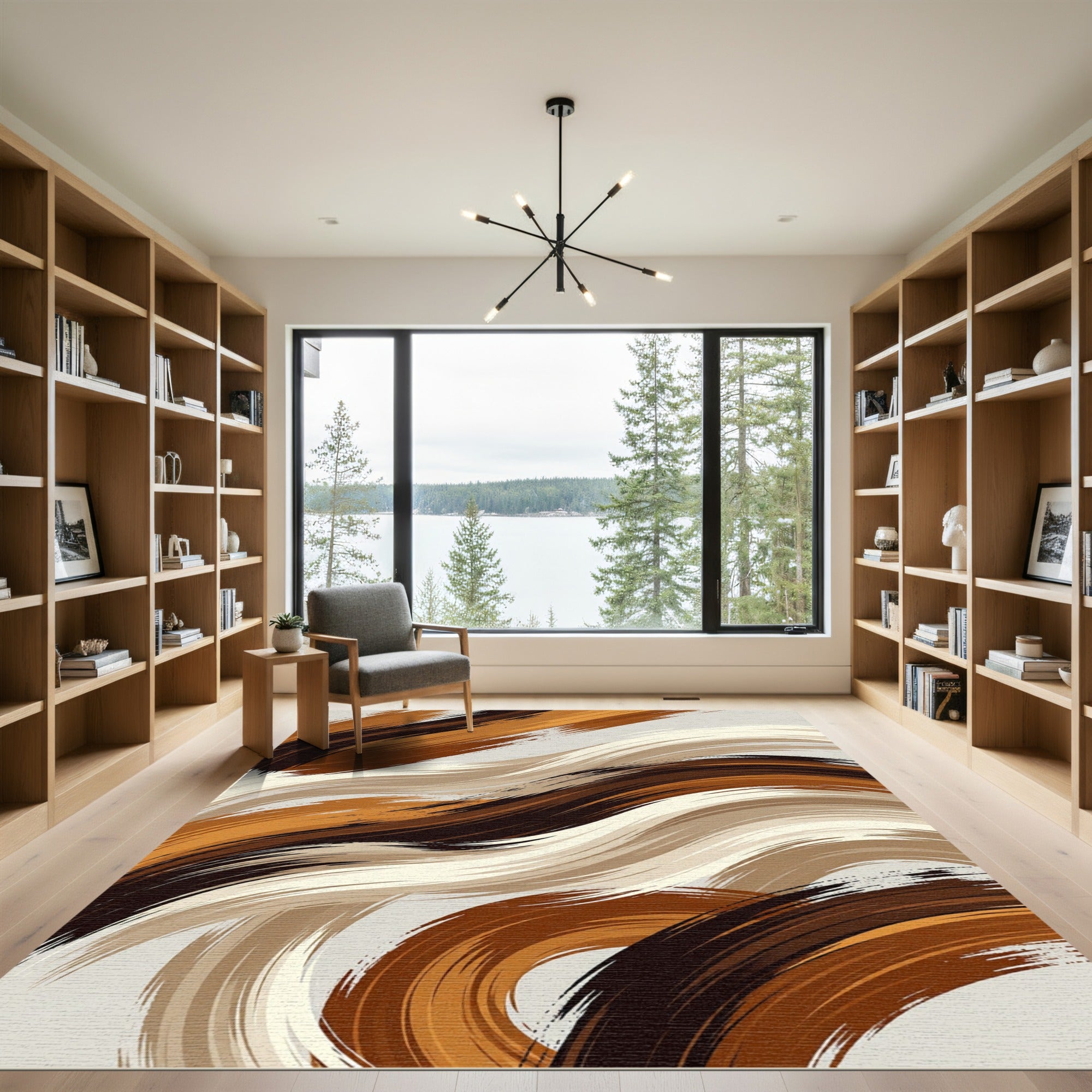 Modern Abstract Brown Swirling Waves Rug