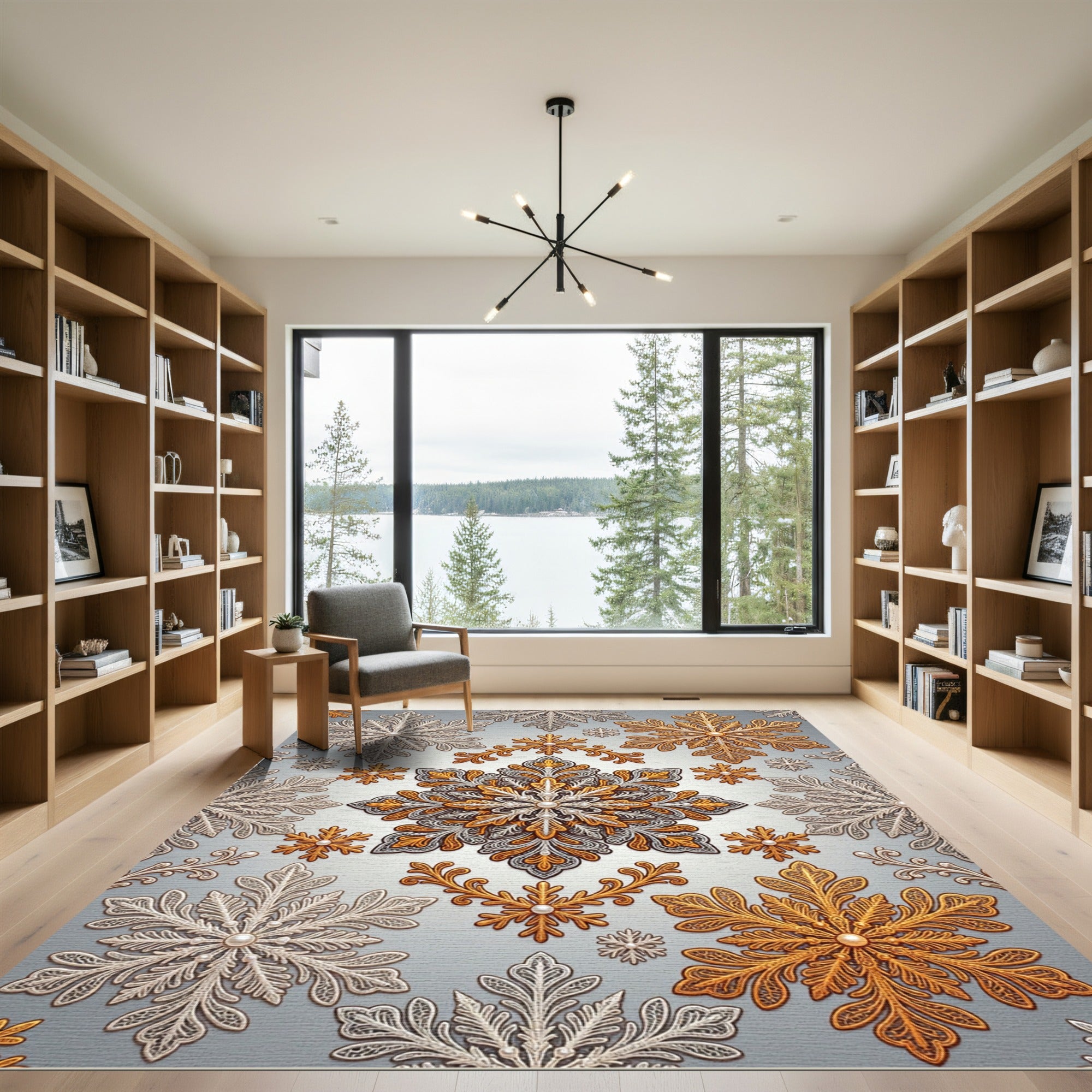 Metallic Gold and Silver Filigree Snowflake Rug