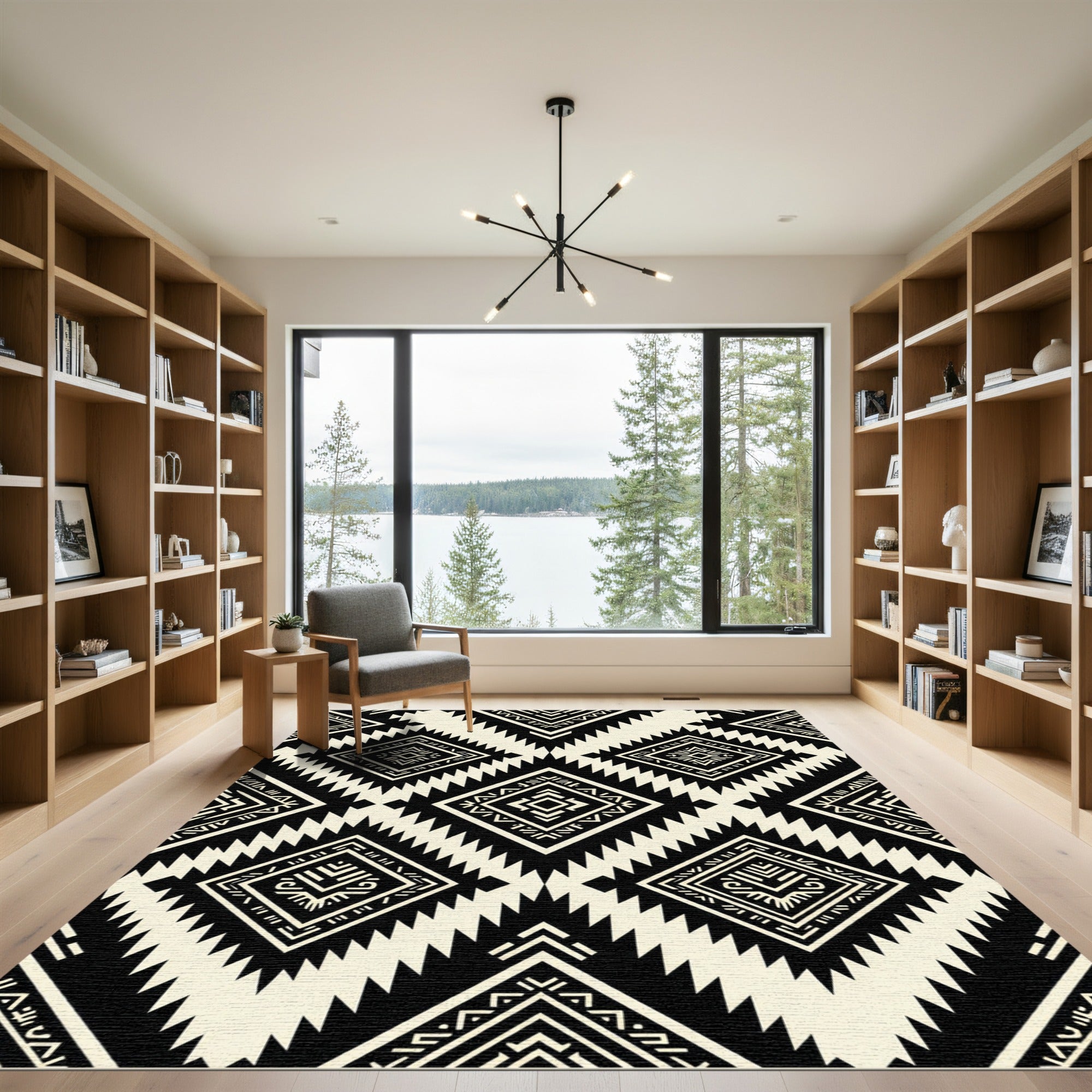 Bold Black and Ivory Geometric Diamond Rug