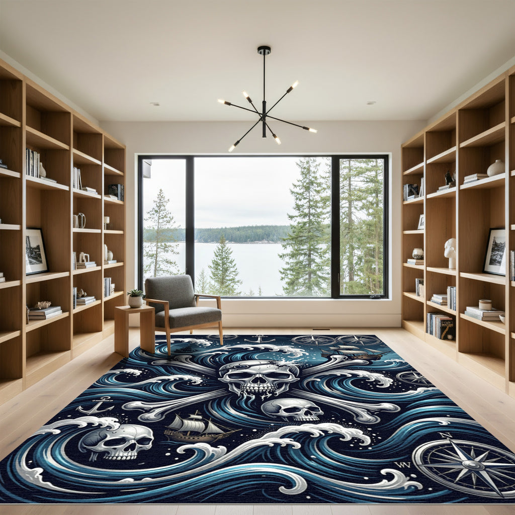 Nautical Pirate Skull Blue Ocean Art Rug