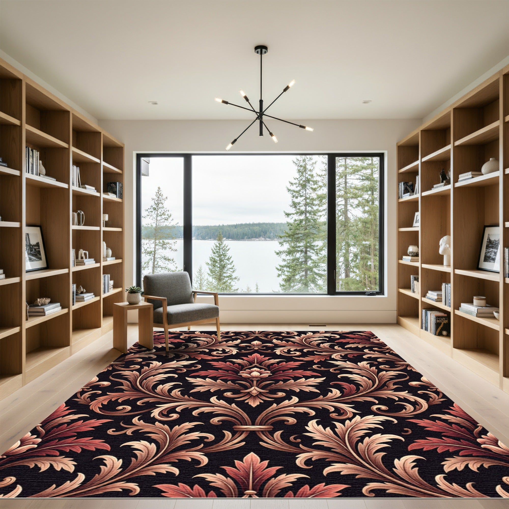 Ornate Terracotta Damask Foliage Scroll Rug
