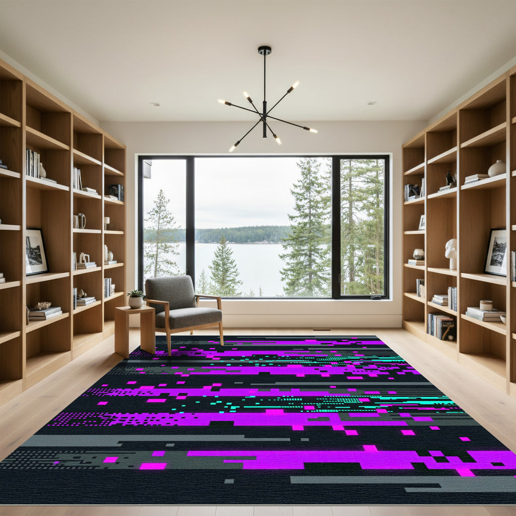 Cyber Neon Purple Pixel Glitch Art Rug