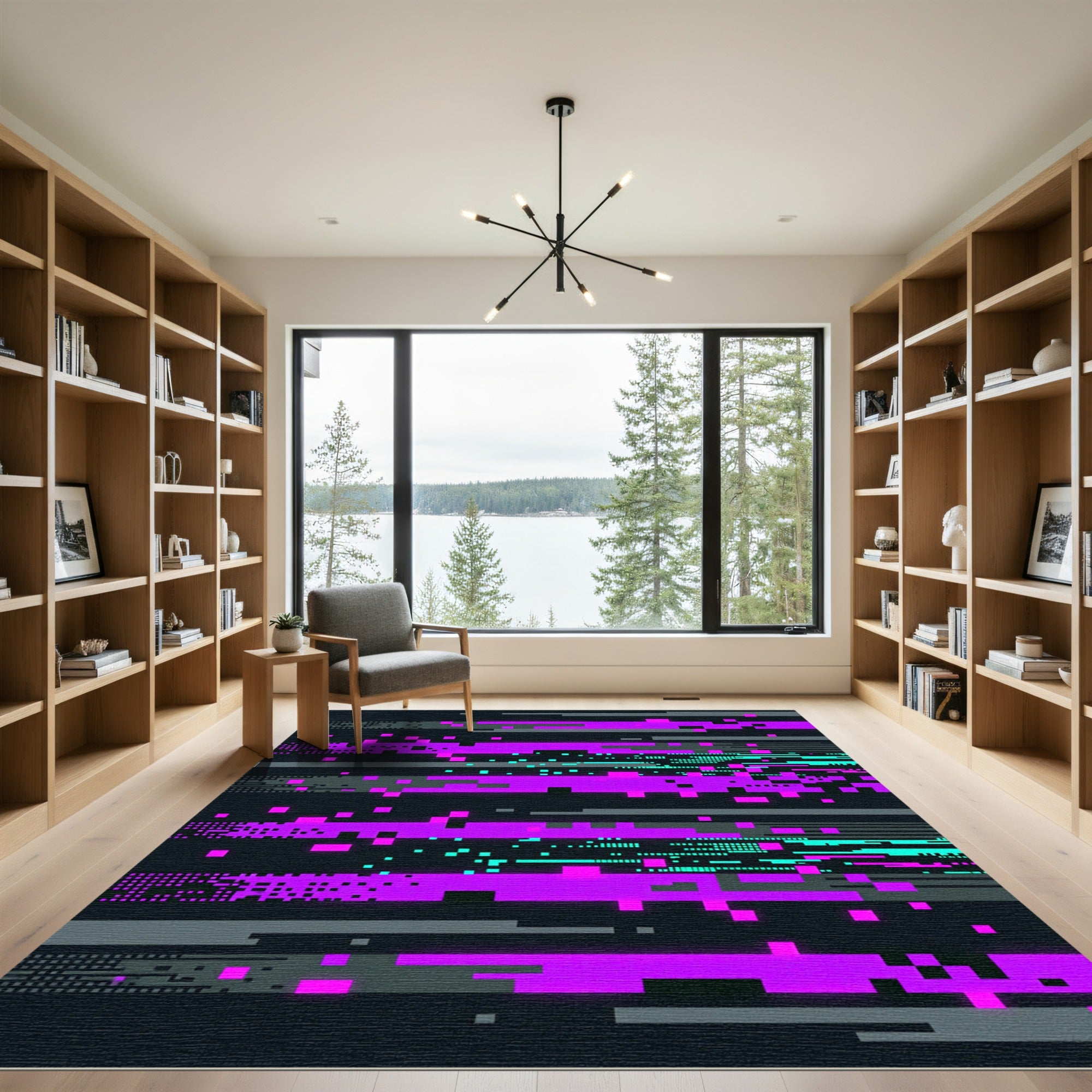 Cyber Neon Purple Pixel Glitch Art Rug