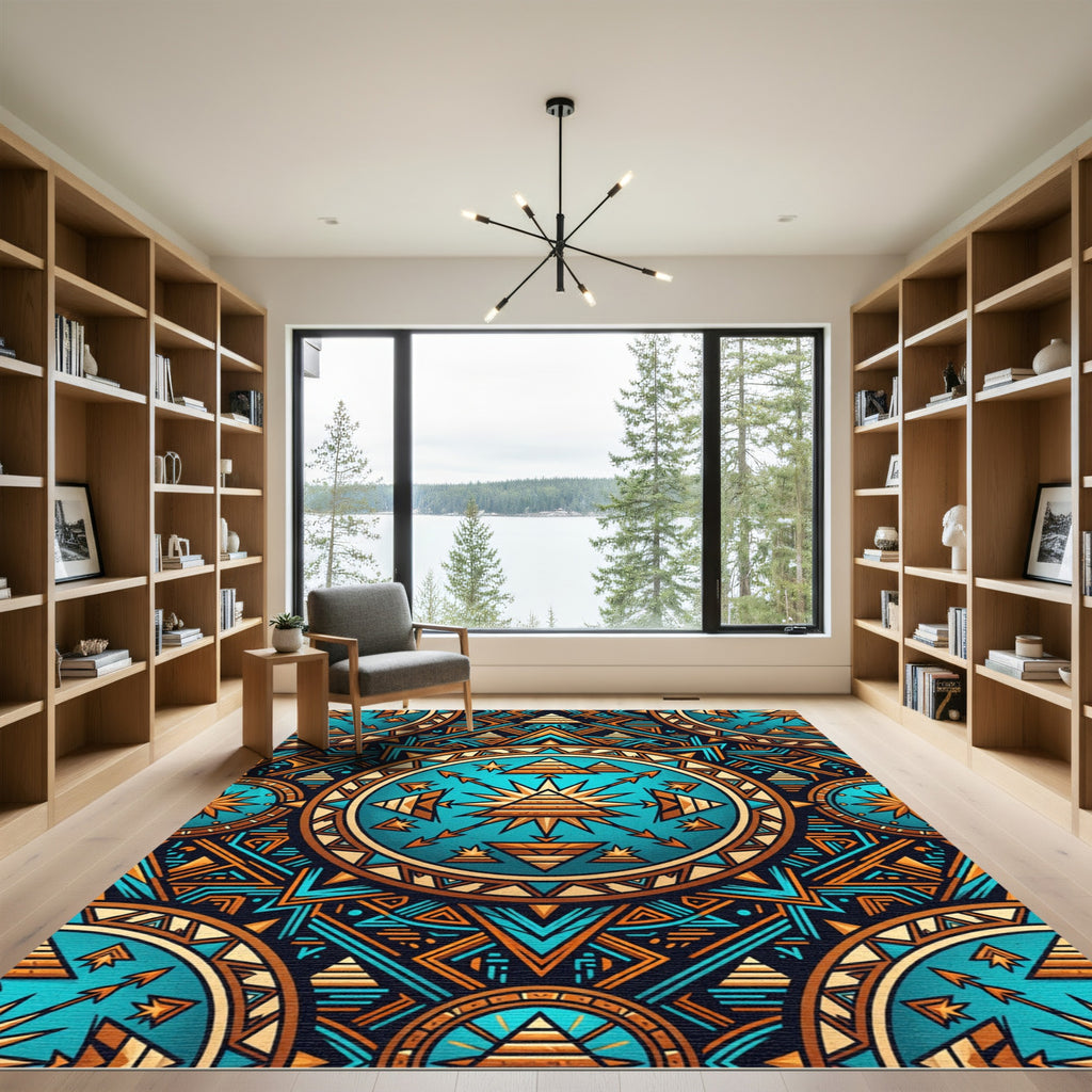 Golden Pyramid Turquoise Celestial Geometric Mandala Rug