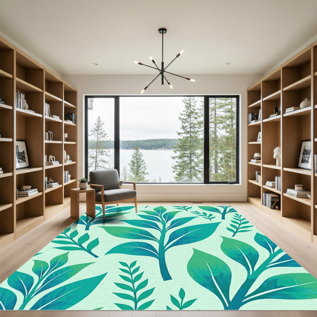 Teal Green Leafy Botanical Arrangement Rug