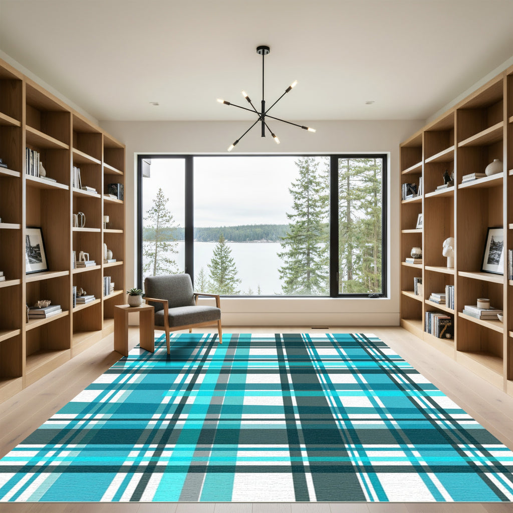 Modern Cyan and Teal Plaid Grid Rug