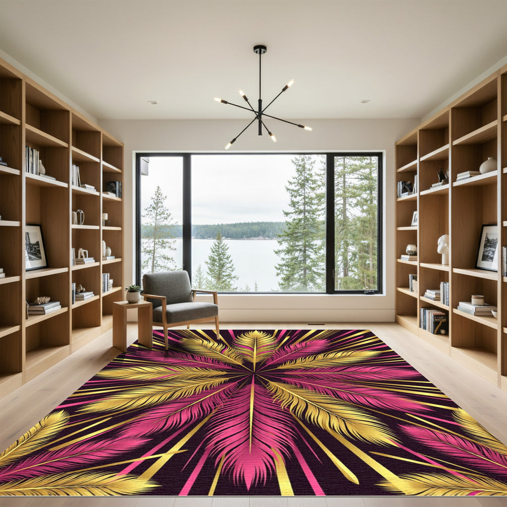 Radiant Gold and Fuchsia Feather Burst Rug