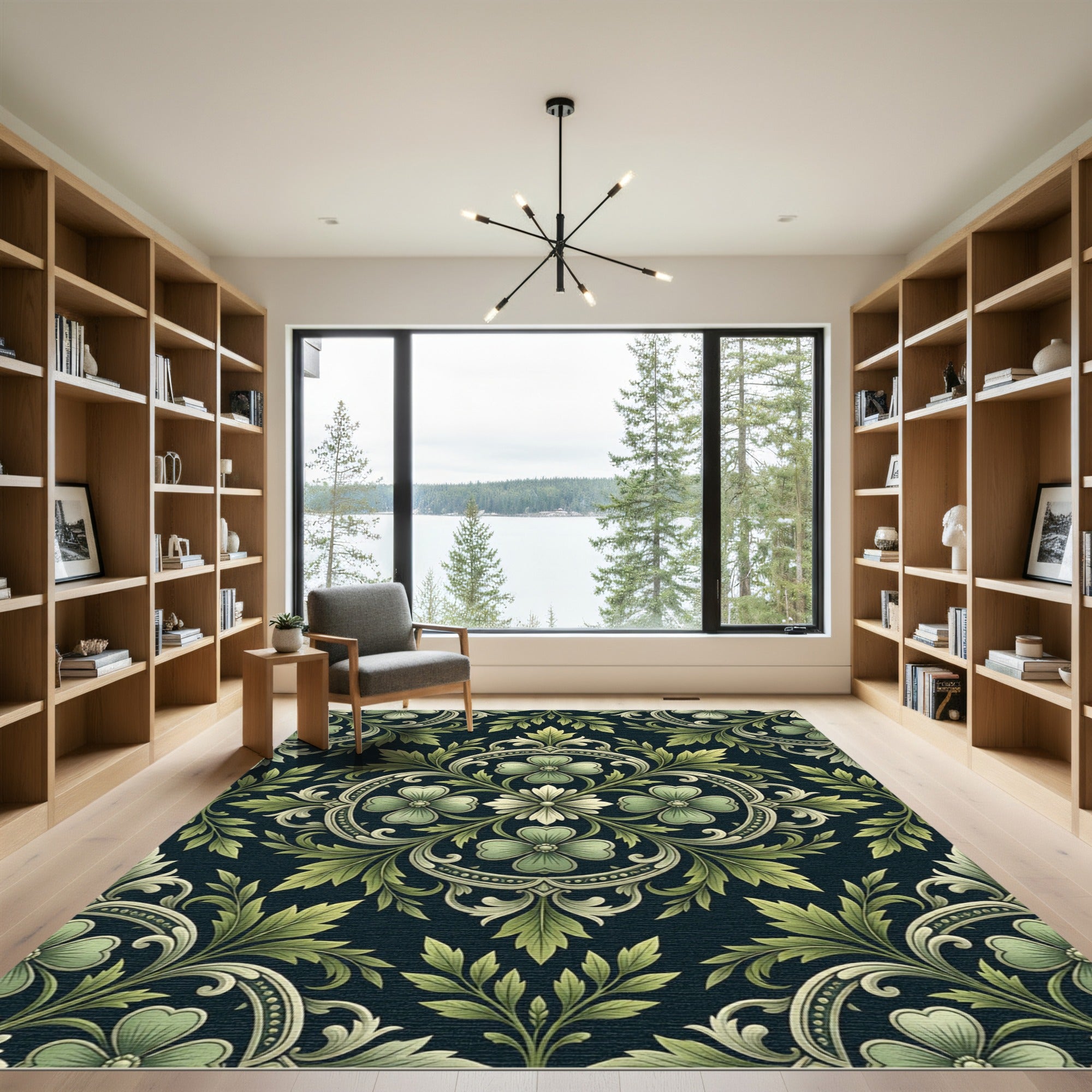 Elegant Sage Green Floral Damask Rug