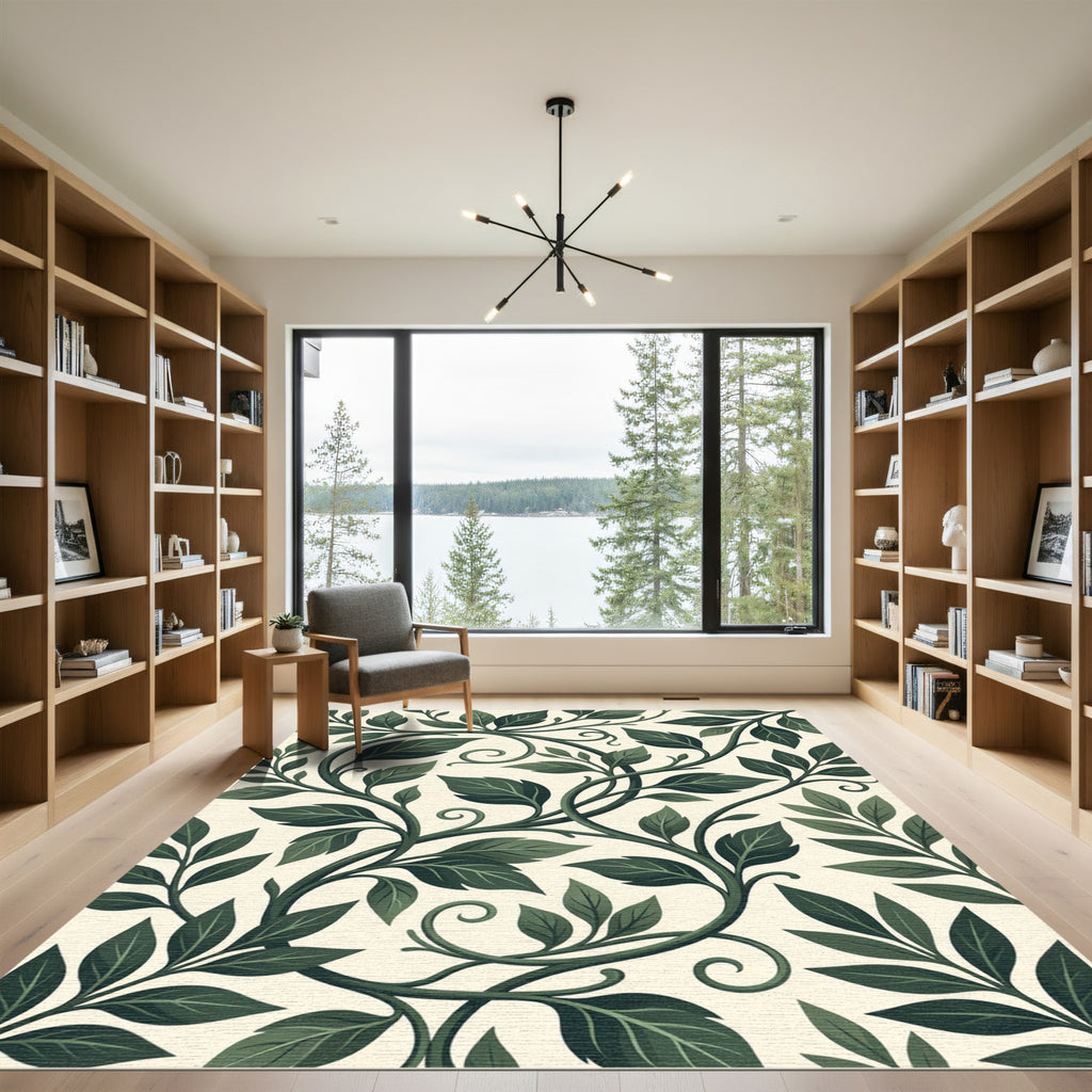 Lush Dark Green Botanical Vine Foliage Rug
