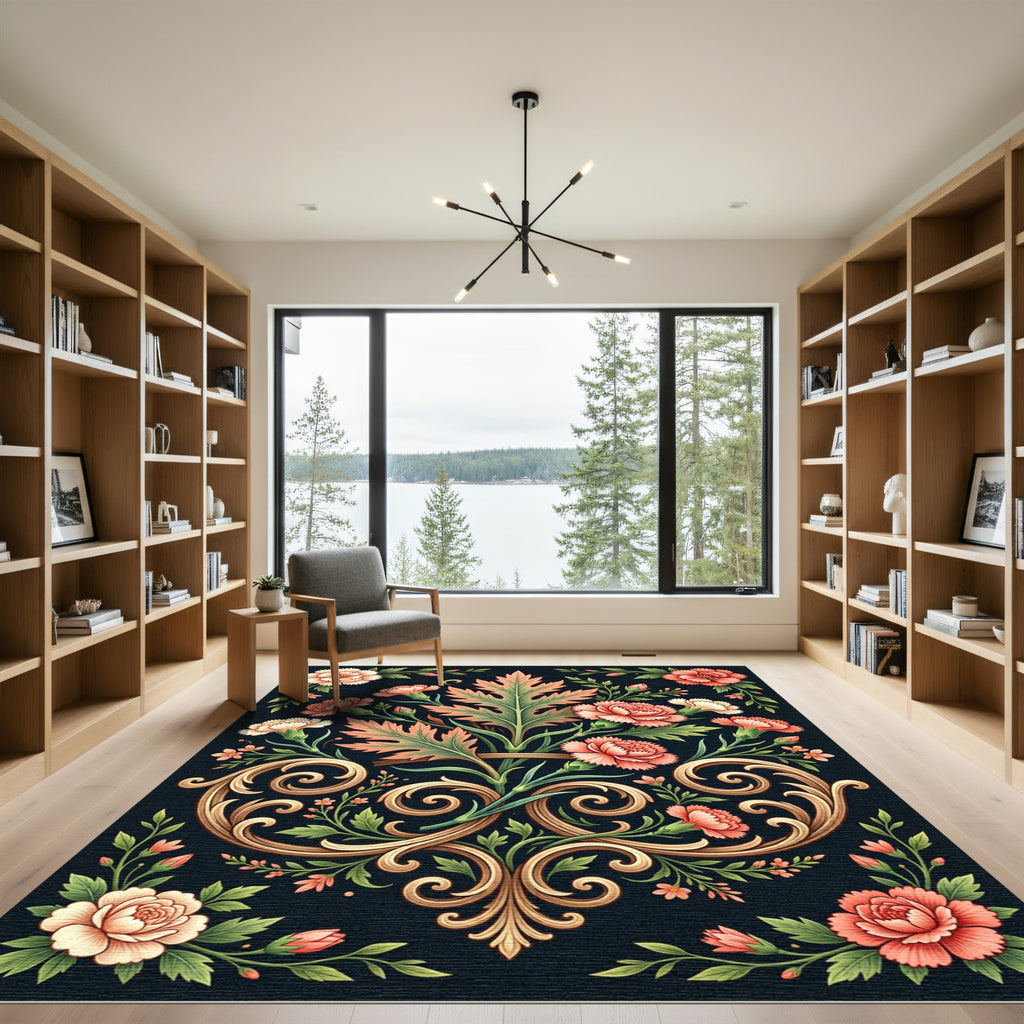 Coral Pink Floral Scrollwork Black Rug
