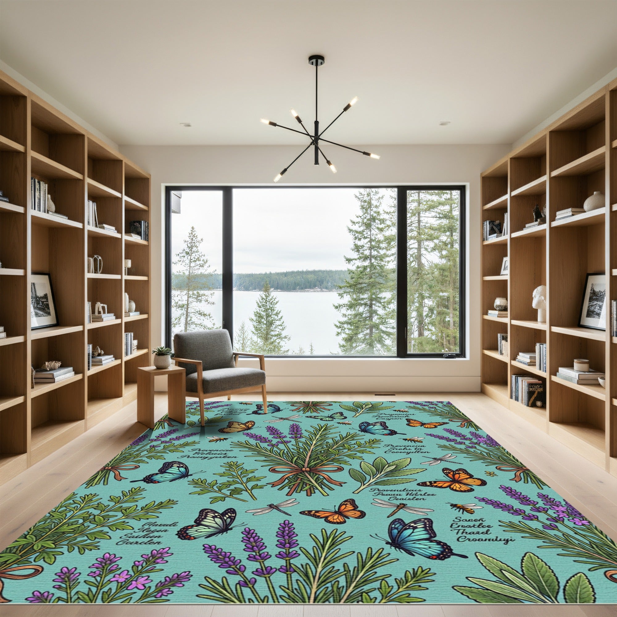 Blue Butterflies Lavender Garden Scene Rug