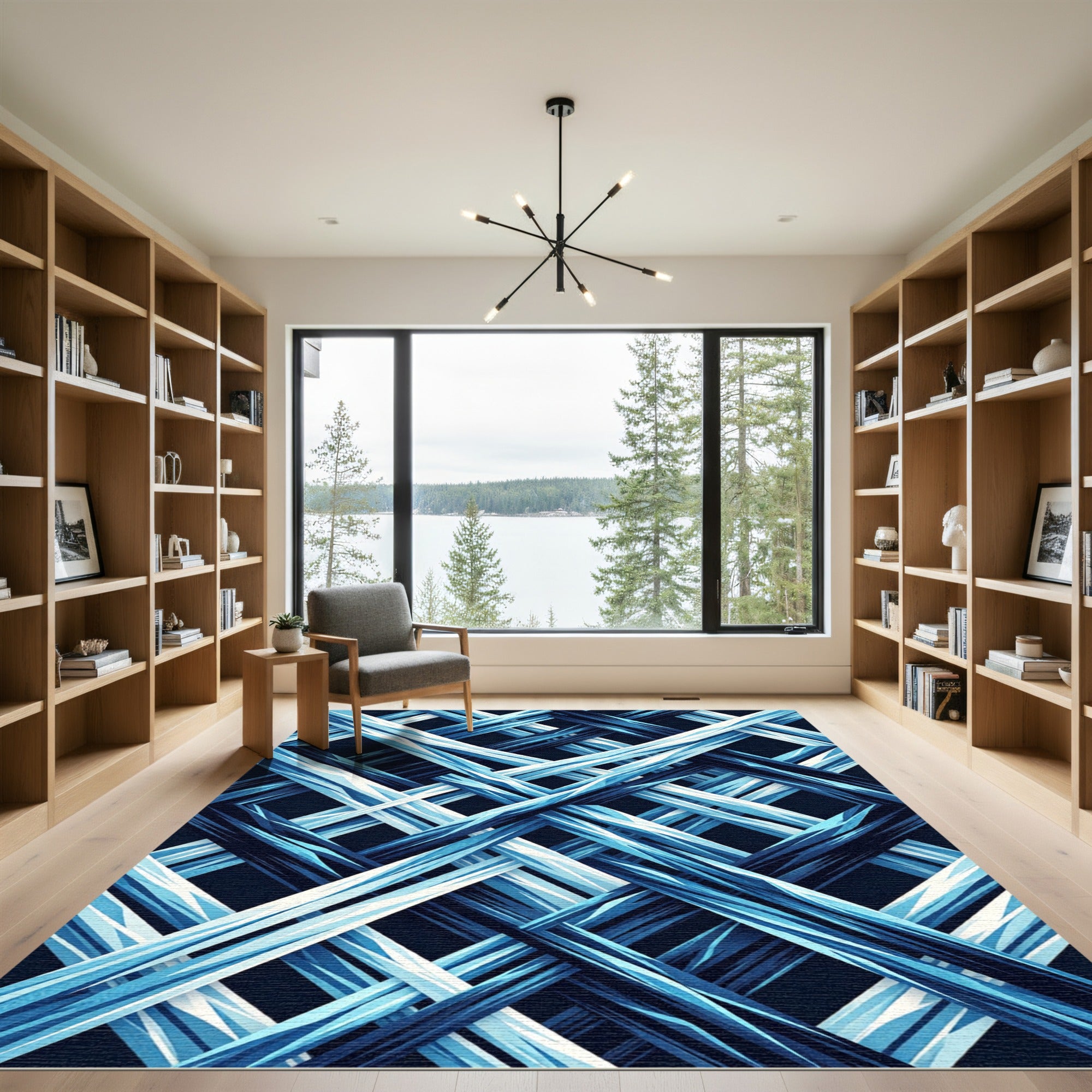 Abstract Blue Geometric Intersecting Lines Rug