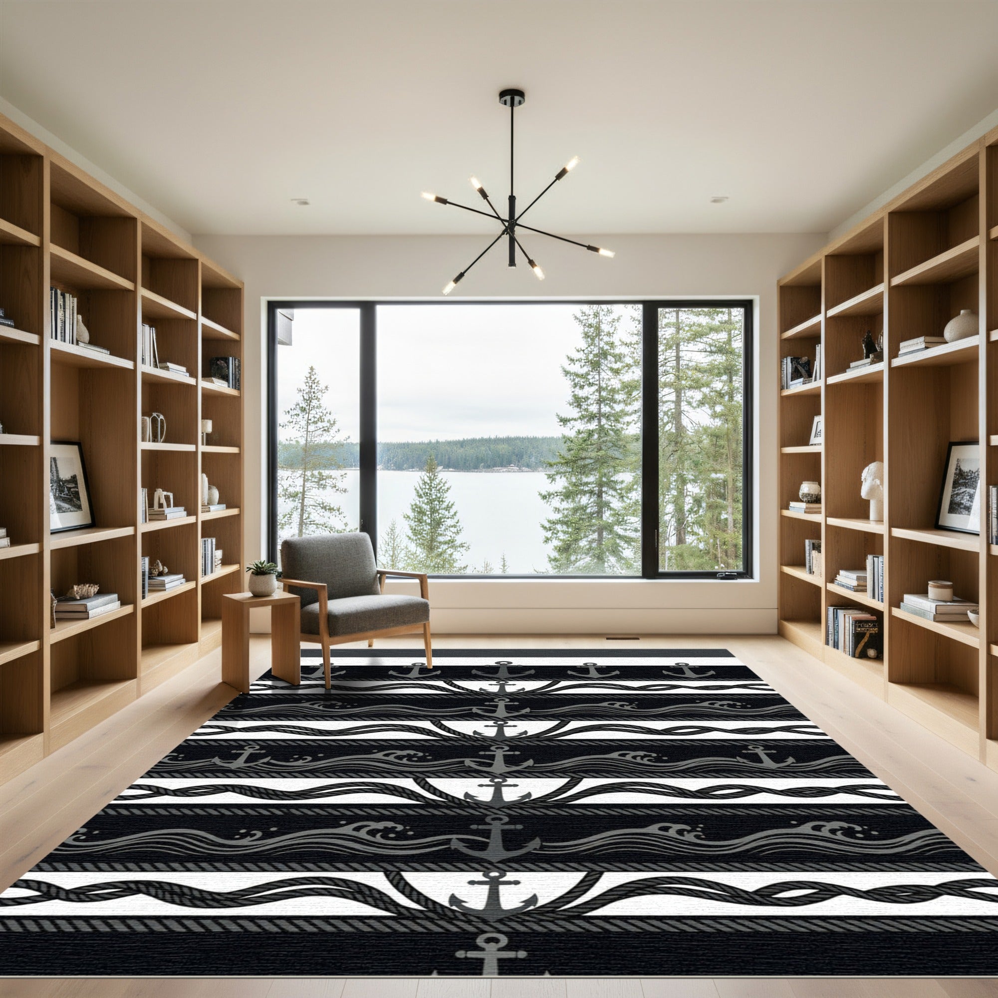 Modern Nautical Anchor Wave Stripe Rug