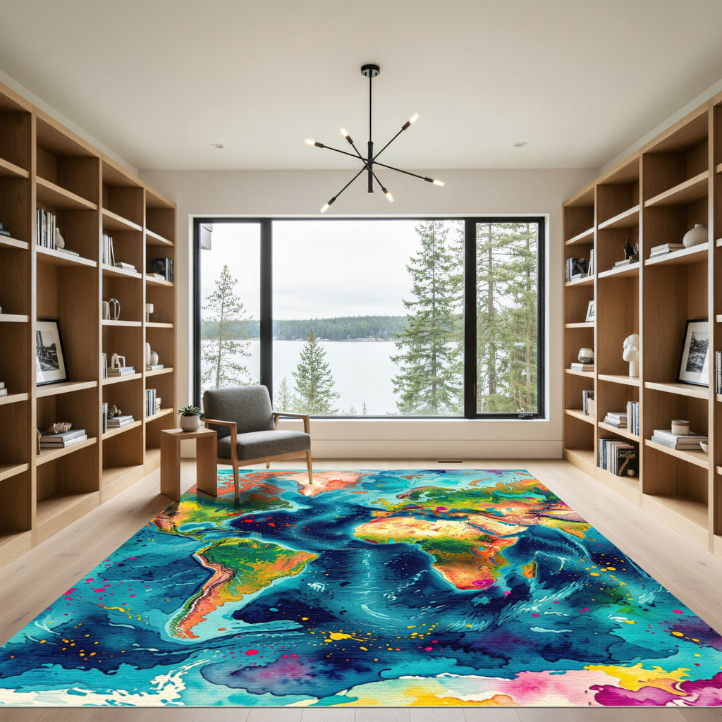 Vibrant Abstract Watercolor World Map Rug