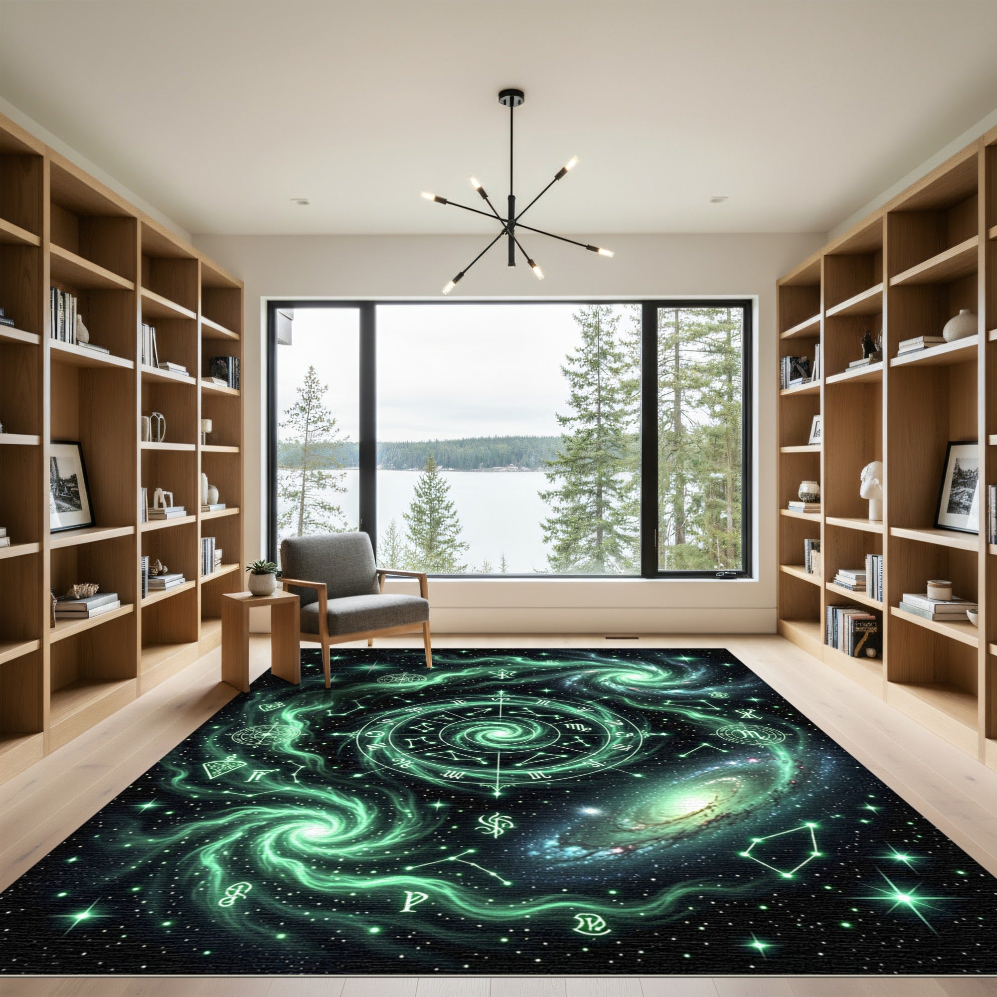 Luminous Emerald Celestial Zodiac Galaxy Rug