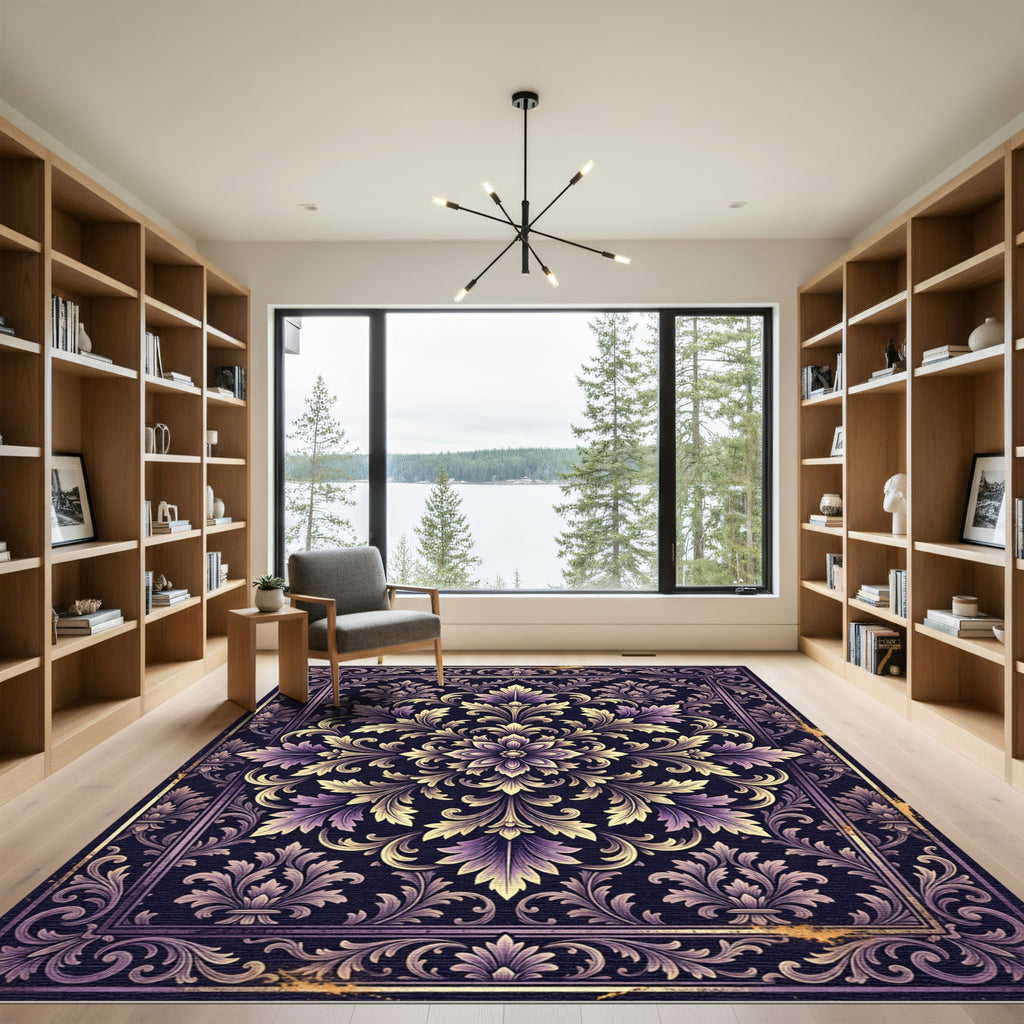 Ornate Violet Floral Damask Rug