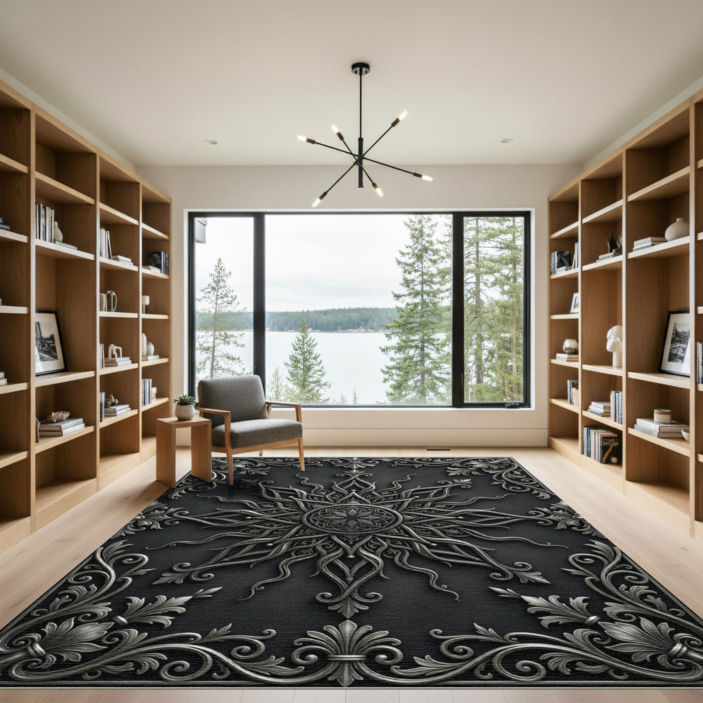 Luxurious Silver Ornate Filigree Medallion Rug