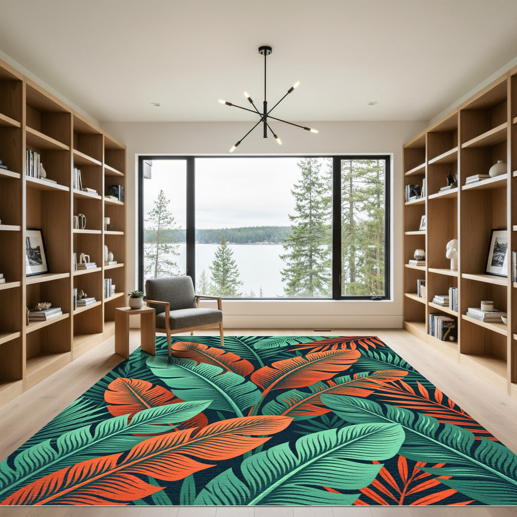 Lush Green and Orange Tropical Foliage Rug