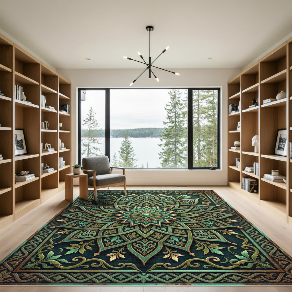 Ornate Emerald Floral Medallion Rug