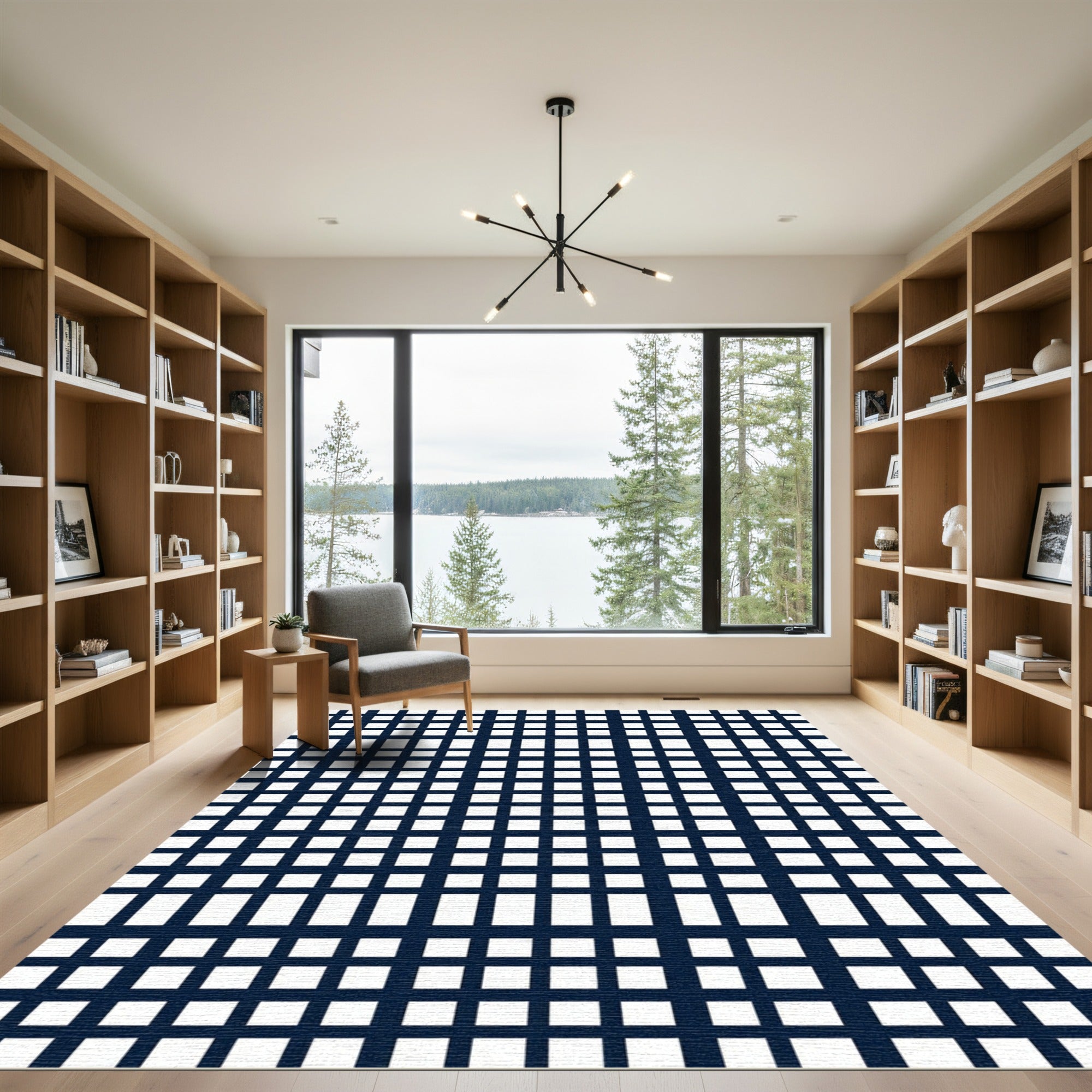 Navy Grid Geometric Graphic Tile Rug