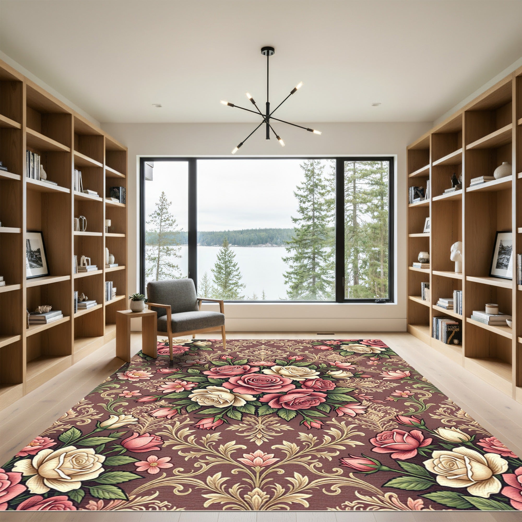 Romantic Pink Cream Rose Damask Rug