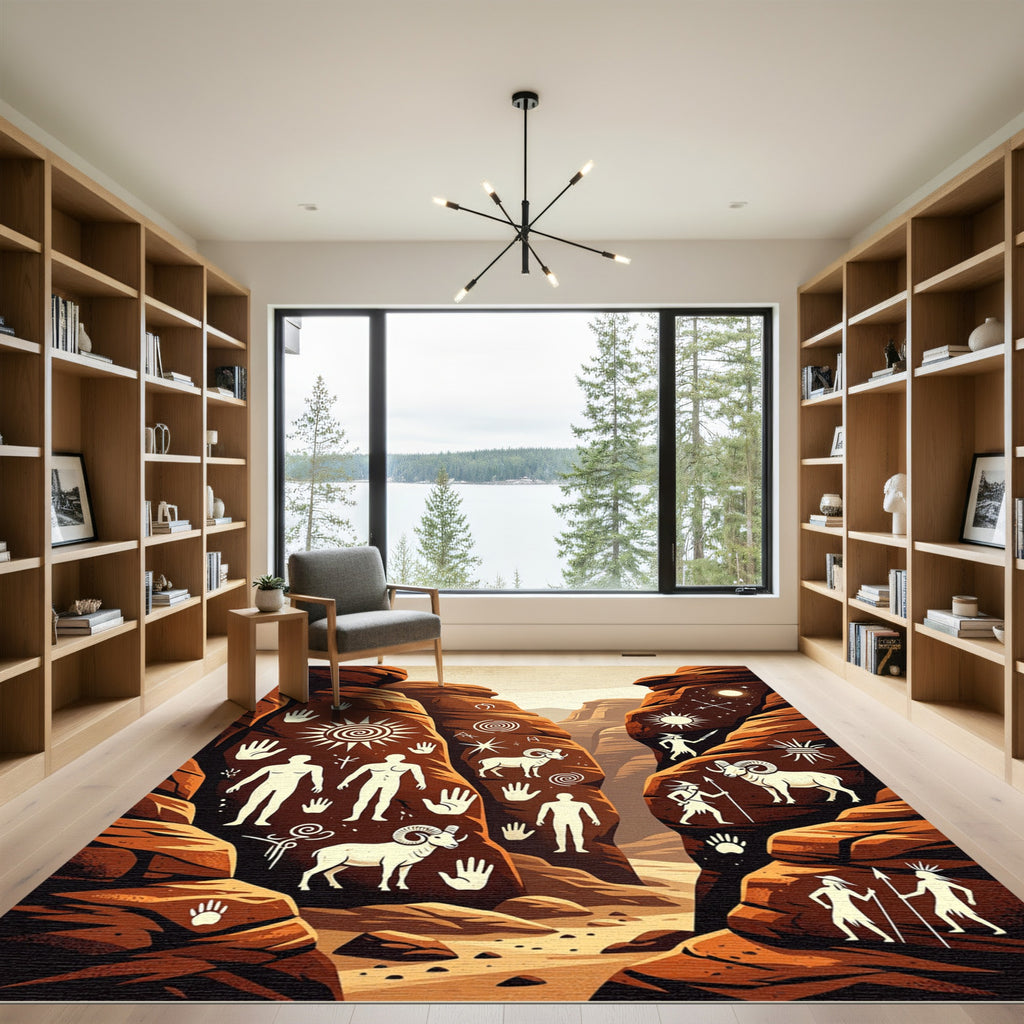 Earthy Canyon Petroglyph Ancient Cave Art Rug