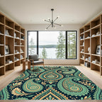 Intricate Teal and Gold Paisley Filigree Rug