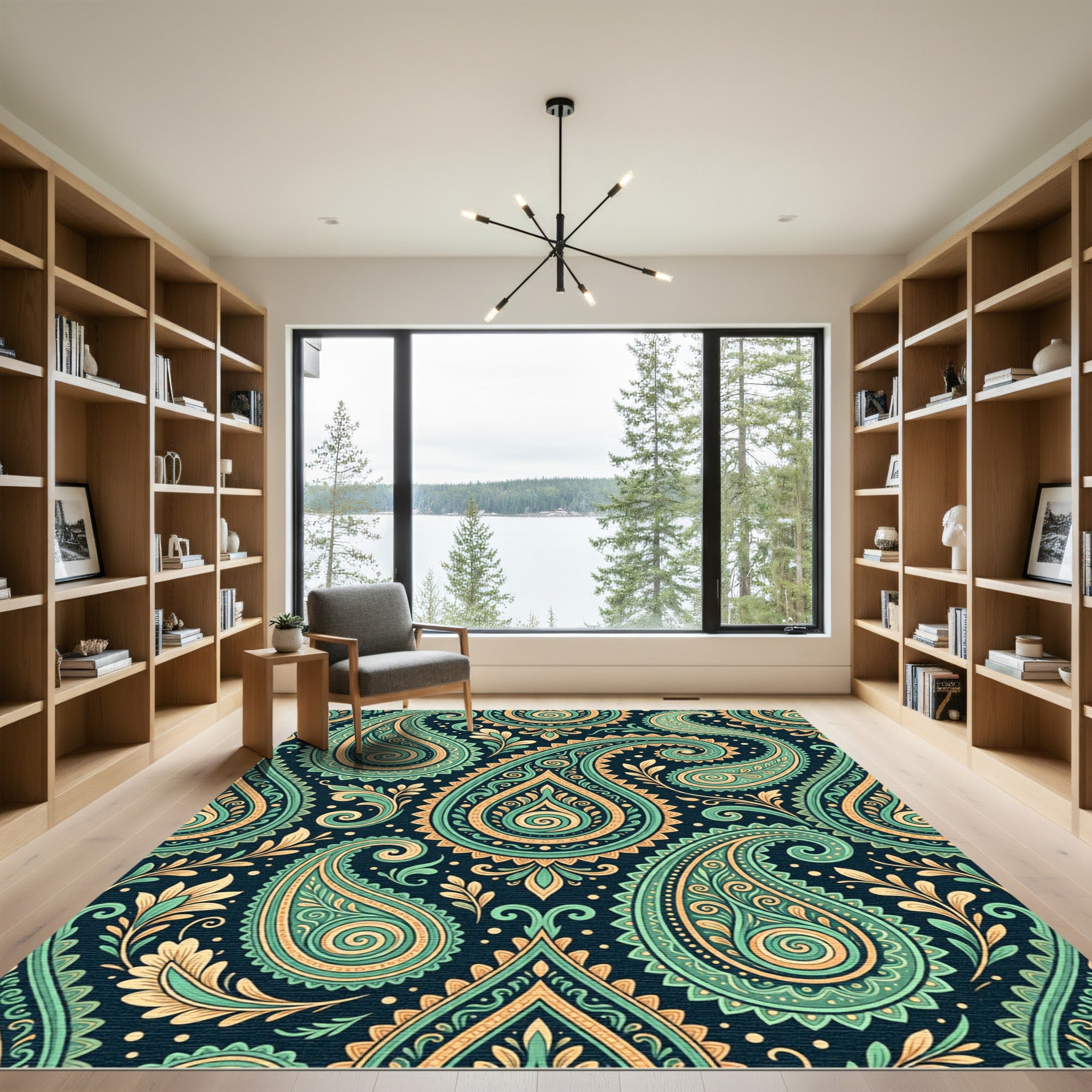 Intricate Teal and Gold Paisley Filigree Rug