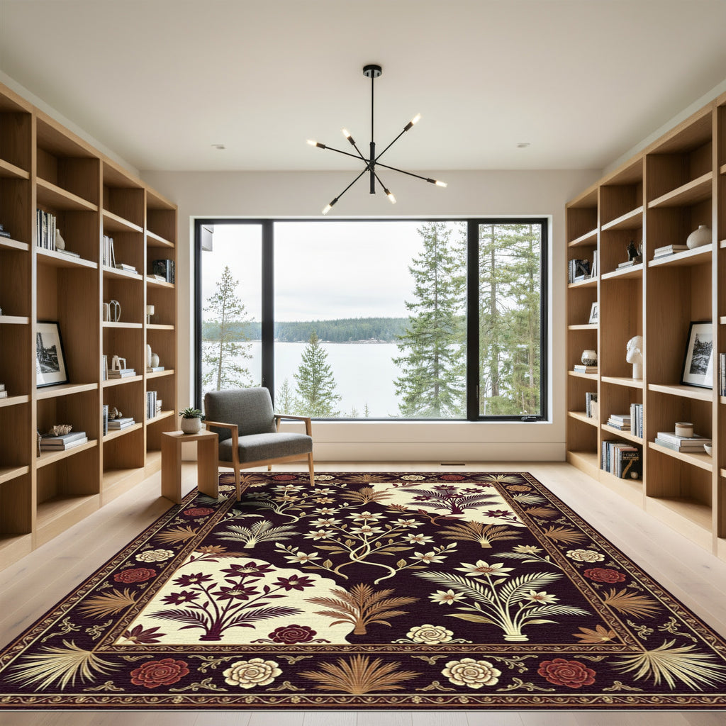 Rich Burgundy Floral Botanical Arrangement Rug