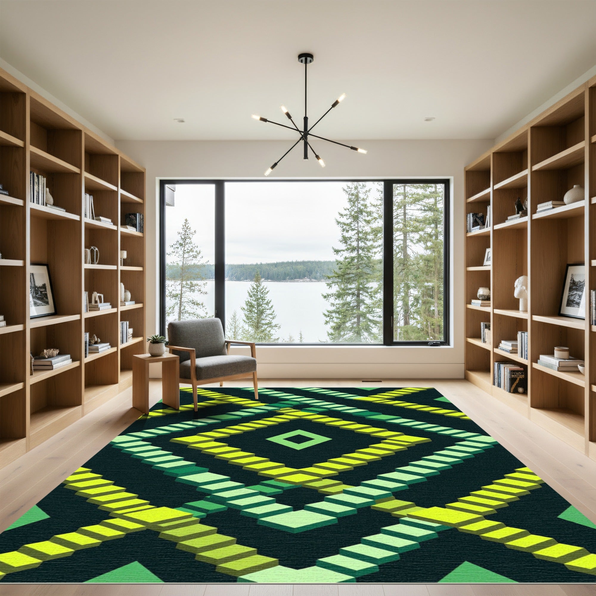 Green Diamond Step Geometric Rug