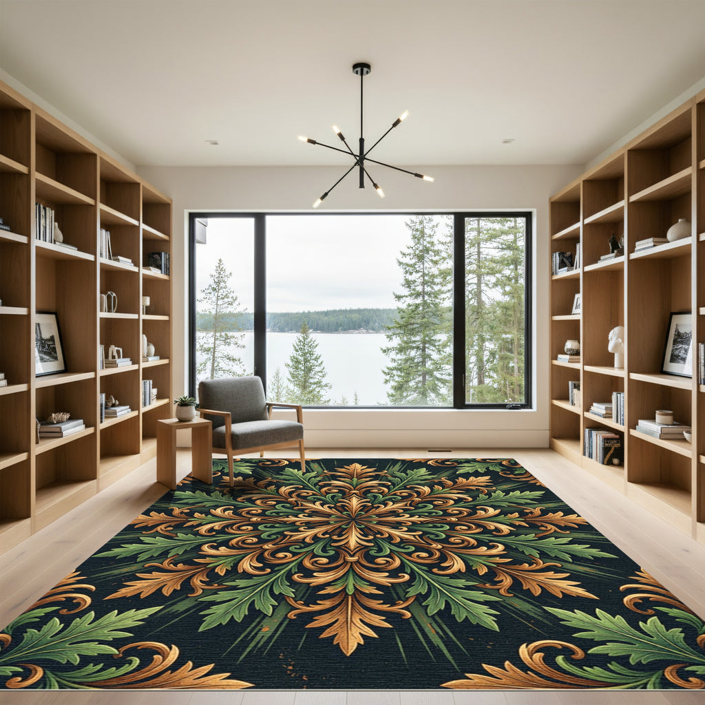 Ornate Gold and Emerald Acanthus Medallion Rug
