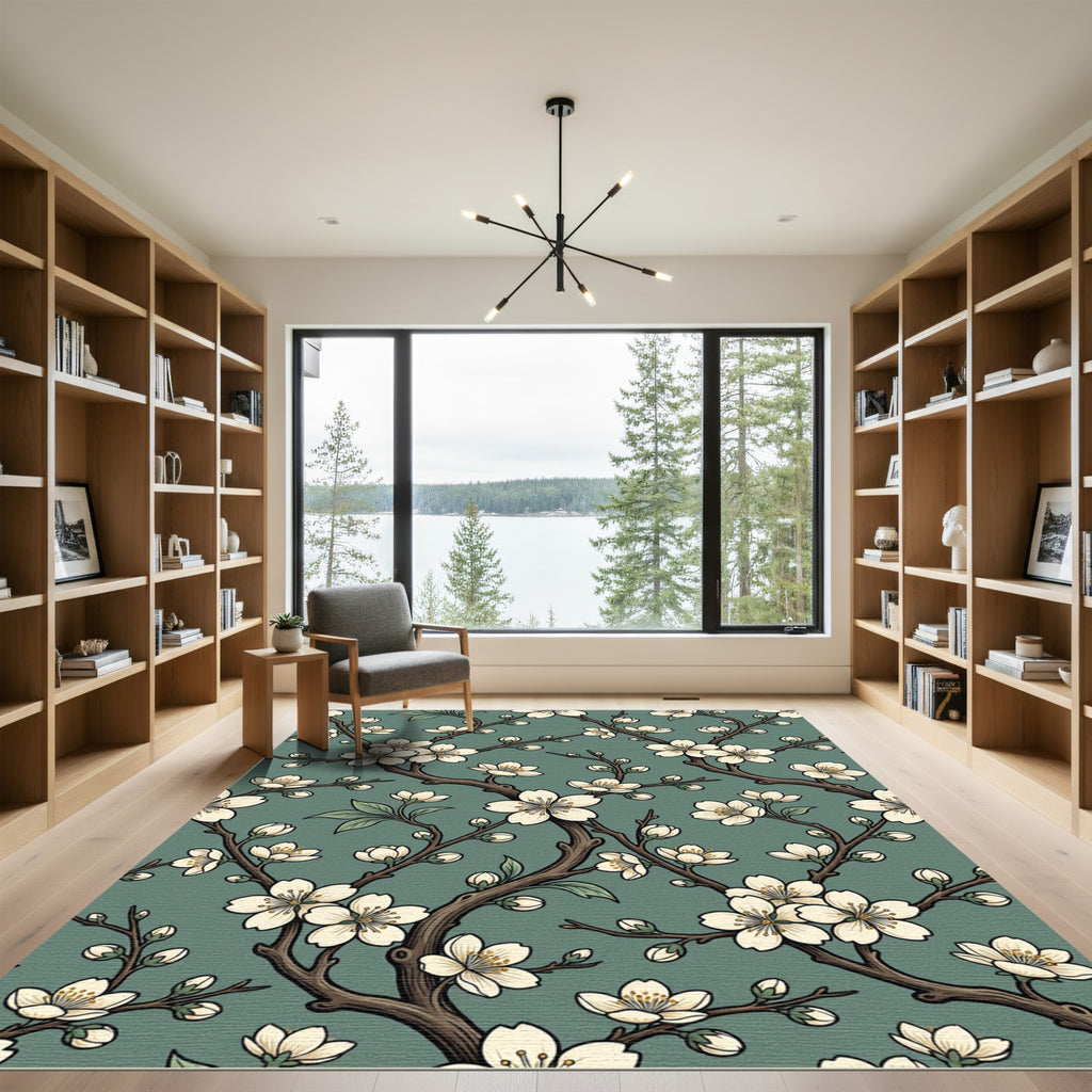 Elegant White Cherry Blossom Sage Meadow Rug