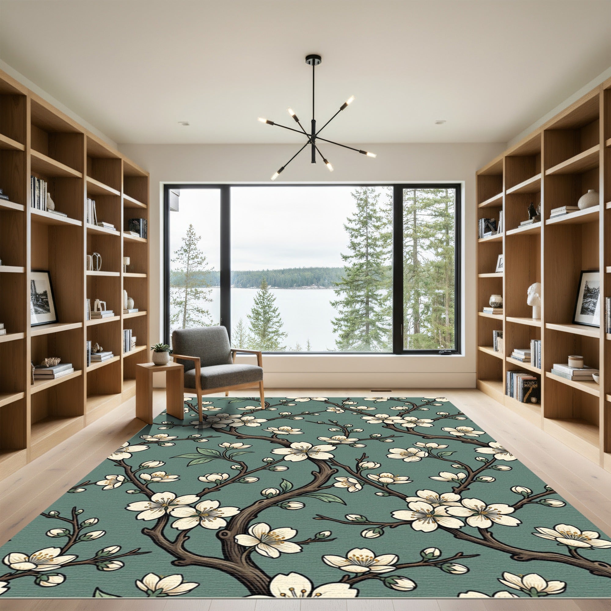 Elegant White Cherry Blossom Sage Meadow Rug