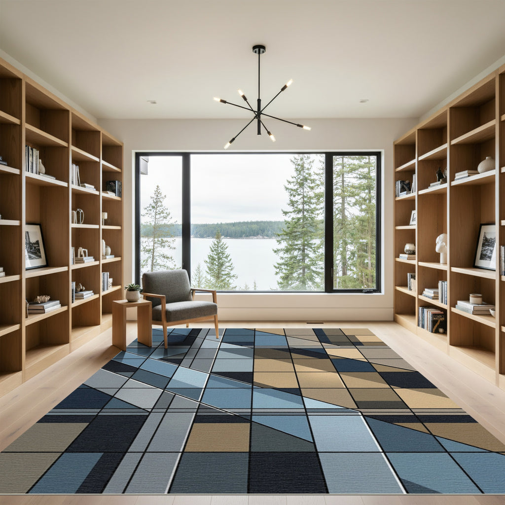Modern Geometric Slate Blue Grids Rug